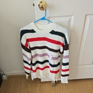 SO Women's White Sweater with Red, Black, Brown & Pink Stripes